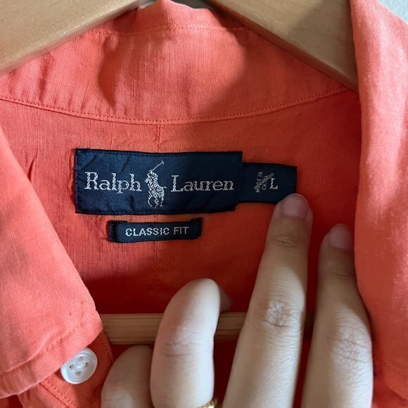 Ralph Lauren Linen Silk Classic Fit Orange Button Down Shirt Top Mens Size L - Picture 2 of 6